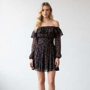 Urban Outfitters Elaine Long Sleeve Off Shoulder Black with Pink Flowers‎ Dress